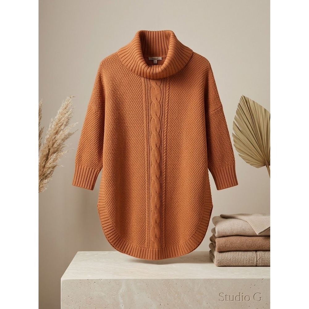 Express Womens Rust Orange Cable Knit Turtleneck Sweater Oversized Curvy Hem M